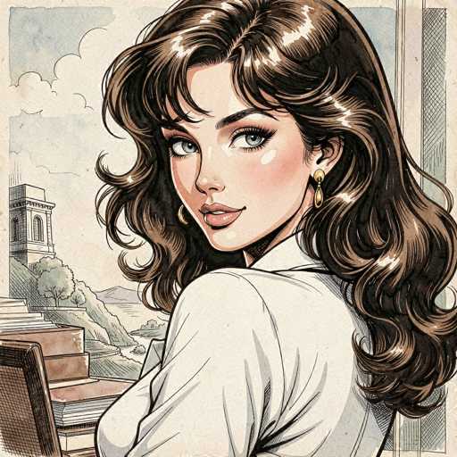 This detailed illustration depicts a woman with long, wavy brown hair and bangs, adorned with gold earrings. She has striking blue eyes and is wearing a white shirt. The woman is seated at a desk, which is cluttered with books and papers, and she is positioned in front of a window. Through the window, one can see a picturesque landscape featuring a blue sky with white clouds, a distant mountain range, and a prominent stone tower on the left side. The scene outside the window also includes a green hillside with trees and bushes. The woman is looking over her shoulder directly at the viewer, creating a sense of engagement. The overall composition of the image is square, with the woman occupying the majority of the frame.