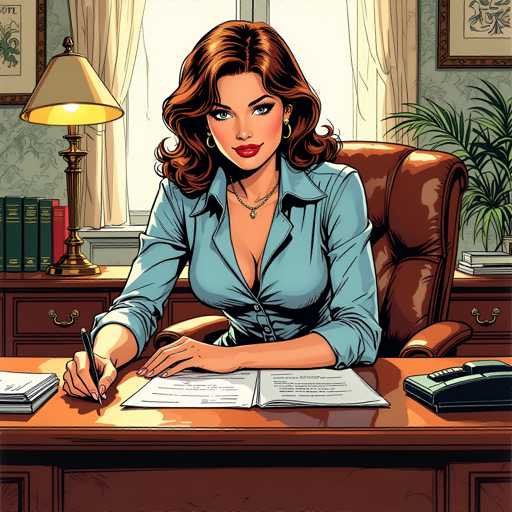 A woman with brown hair is sitting at a desk and writing on paper. She is wearing a blue blouse and has her hands resting on the desk as she works. The desk is positioned in front of a window that allows natural light to illuminate the room. On the windowsill, there are two potted plants - one green plant and one red plant.