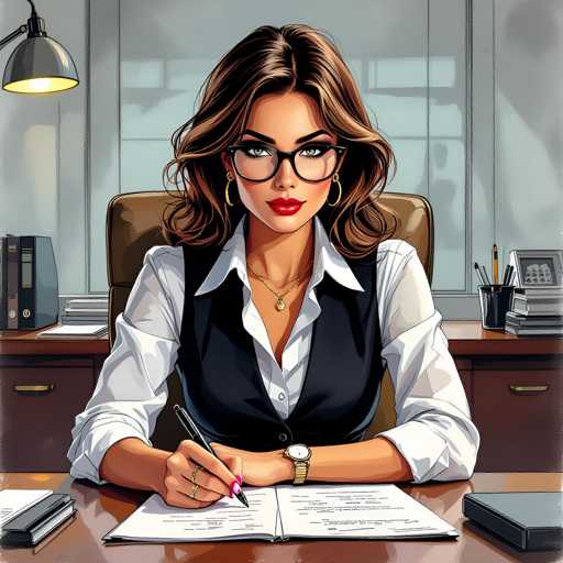 The image depicts a woman sitting at a desk with a notebook and pen in front of her. She is wearing glasses and a black vest over a white shirt. The background shows a window and a lamp on the desk.