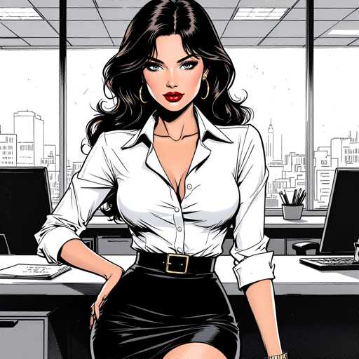 A woman with long brown hair is standing in an office setting. She is wearing a white blouse and black skirt. The background features a window that offers a view of the city skyline. There are two computer monitors on either side of her, suggesting she may be working at a desk job or managing multiple tasks simultaneously.
