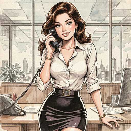The image is a detailed, cartoon-style drawing of a woman seated at a desk in an office setting. She has long, wavy brown hair that cascades down to her chest and is wearing a white button-up shirt with the sleeves rolled up to her elbows. Her outfit is completed with a black leather belt and a black leather skirt. She is holding a black phone to her ear with her right hand, while her left hand rests on the desk. The desk is adorned with a computer monitor, a glass of water, a piece of paper, and a gray landline phone with a coiled cord. The woman is smiling, revealing her white teeth, and her expression is accentuated by her blue eyes and pink lips. She also wears a gold bracelet on her right wrist and a gold watch on her left wrist. Behind her, a large window reveals a cityscape with tall buildings and a cloudy sky. The ceiling of the office is white with square panels, and a green plant is visible in the background. The overall color palette of the image includes shades of brown, black, white, gray, blue, and green.