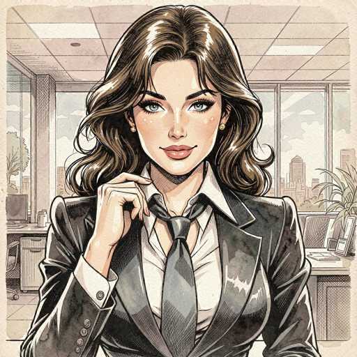 The image depicts a cartoon-style drawing of a woman with long, wavy brown hair that cascades down to her shoulders. She has striking blue eyes and is adorned with small gold earrings. Her attire consists of a black business coat, a white button-down shirt, and a gray tie. The woman is smiling and looking directly at the viewer, with her right hand raised to her neck, as if she is adjusting her tie. The background suggests an office setting, featuring a cityscape with tall buildings visible through large windows. Inside the office, there are desks, a computer monitor, and a potted plant, adding to the professional ambiance. The overall scene is rendered in a monochromatic palette with subtle hints of color, giving it a unique and stylized appearance.