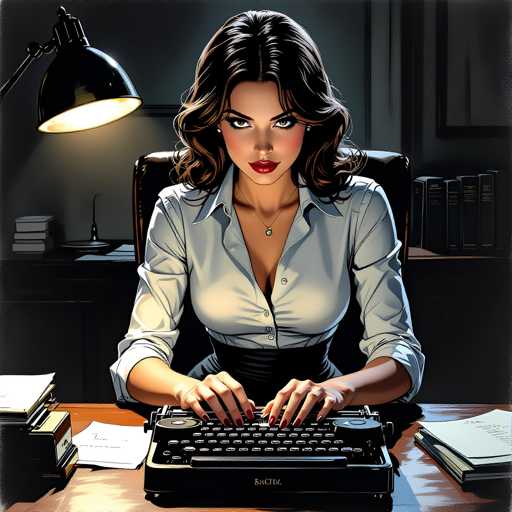 A woman with long brown hair is sitting at a desk typing on an old-fashioned typewriter. She is wearing a white blouse and black skirt. The desk has several books and papers scattered around it.