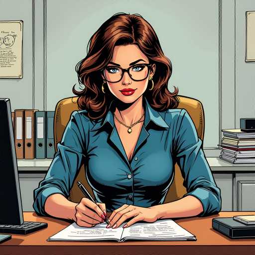 A woman with brown hair and glasses is sitting at a desk in an office setting. She is wearing a blue blouse and has her hand on the desk as she writes something down in a notebook. The background features a computer monitor and several books arranged neatly on shelves.