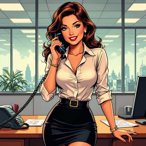 A woman dressed in a black skirt and white blouse is seated at a desk with a computer monitor and keyboard in front of her. She holds a phone to her ear while smiling warmly. The background features a window overlooking a cityscape, suggesting an office setting or workspace.