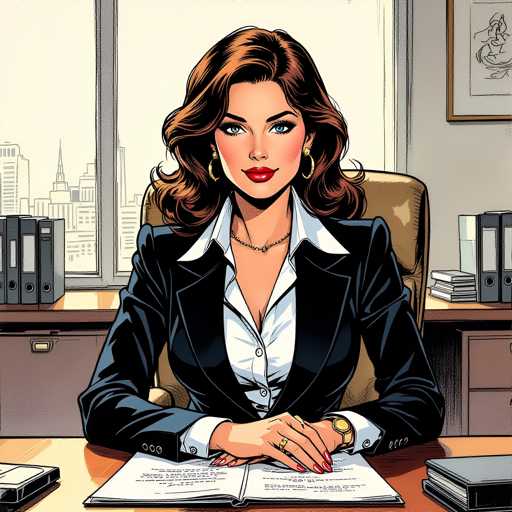 The image depicts a woman seated at a desk with a book open in front of her and a pen on the desk. She is wearing a black blazer over a white shirt and has brown hair styled in loose waves. The background shows a window overlooking a city skyline, suggesting an urban setting for the scene.