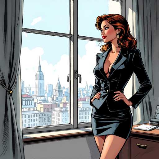 The image depicts a woman dressed in a black suit and skirt standing by a window with a view of the city skyline outside. The woman is positioned on the right side of the frame, facing away from the viewer.