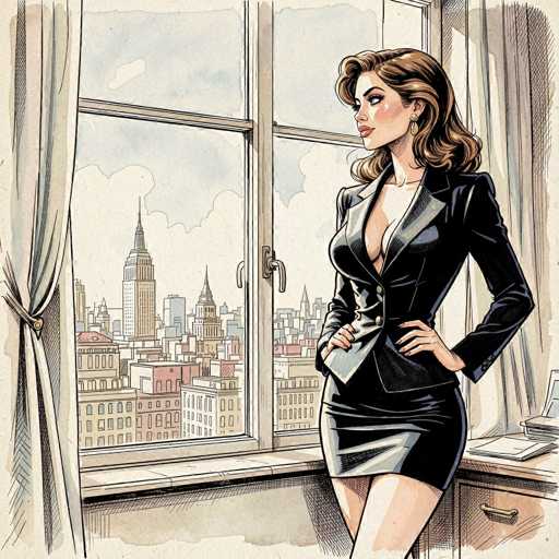 The image depicts a detailed cartoon drawing of a woman standing in front of a large window, gazing out at a cityscape. The woman, who has long brown hair and is wearing gold earrings, is dressed in a black leather jacket and a matching short skirt. She has red lipstick and is adorned with makeup, giving her a glamorous appearance. Her hands are placed on her hips, and she is looking to the left side of the image. The window behind her features a light brown frame and is flanked by curtains that are tied back, revealing a view of tall buildings and a blue sky with white clouds. To her right, there is a desk with a drawer and a handle, as well as some papers and a book. The overall scene is set in a well-lit room with a light brown floor, and the woman appears to be posing confidently, possibly for a photo shoot.