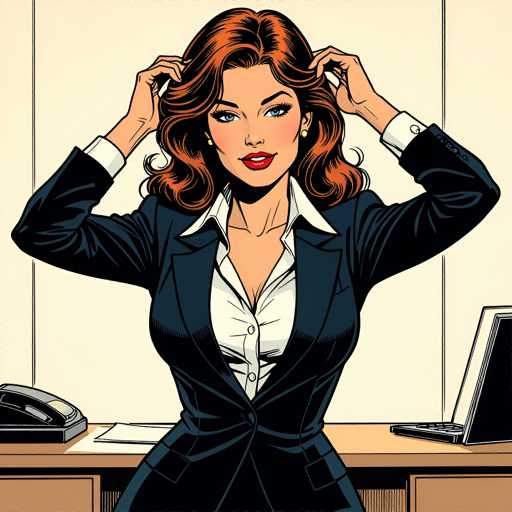 A woman with long brown hair is standing at a desk in an office setting. She is wearing a black suit and white blouse, and she has her hands on her head as if deep in thought or concentration. The desk behind her holds a laptop and a phone, suggesting that this scene takes place in a professional environment.