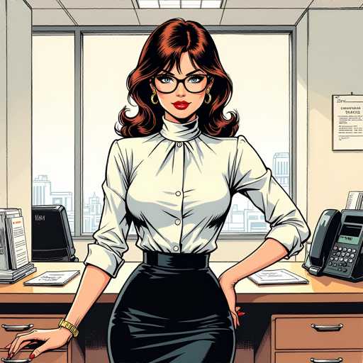 The image depicts a woman dressed in a white blouse and black skirt standing at her desk in an office setting. She is wearing glasses and has red hair. The desk contains various objects such as a computer monitor, telephone, and papers.