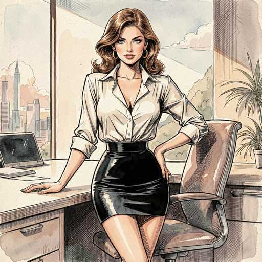 The image depicts a detailed cartoon drawing of a woman in an office setting. She has long, wavy brown hair that cascades down to her shoulders and is wearing gold hoop earrings. Her outfit consists of a low-cut, long-sleeved white button-down shirt with the sleeves rolled up to her elbows, and a tight black leather pencil skirt that ends just above her knees. She is leaning against a brown desk with her left elbow resting on it, while her right hand is placed on the back of a brown office chair. The desk features a small screen, possibly a tablet, and some papers. Behind her, a large window reveals a cityscape with tall buildings and a blue sky dotted with clouds. To the right of the window, there are two potted plants, one with long leaves and the other with shorter ones. The woman's expression is serious, and she is looking directly at the viewer.