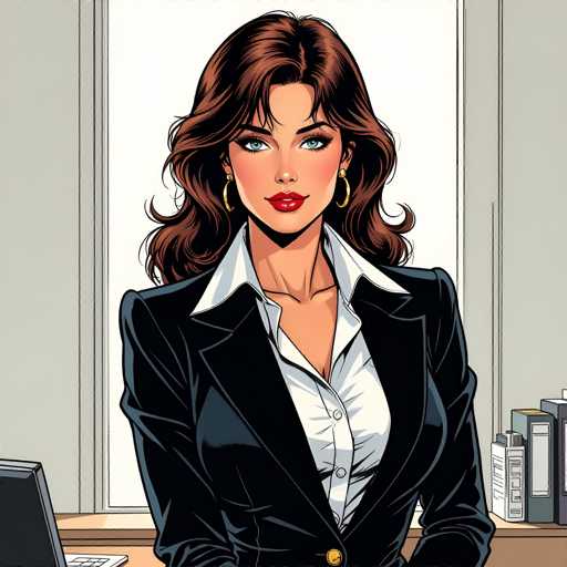 The image depicts a woman wearing a black blazer and white shirt with gold accents. She has brown hair styled in loose waves and is looking directly at the camera. The background features a window and a desk with a computer monitor on it.