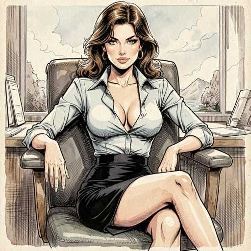 The image depicts a cartoon-style drawing of a woman seated in a large, brown leather chair with armrests. She is dressed in a light blue, long-sleeved button-down shirt with the sleeves rolled up to her elbows, and the top two buttons are undone, revealing a significant amount of cleavage. Her outfit is completed with a tight black leather skirt. The woman has long, wavy brown hair that cascades past her shoulders, and she is adorned with gold hoop earrings. She has light skin and is looking directly at the viewer with a serious expression. Her left leg is crossed over her right leg, with her left hand resting on her right knee and her right hand on the armrest. The background features a large window with a wooden frame, through which a scenic view of a blue sky with white clouds, a body of water, and a mountain can be seen. The window is flanked by a wooden desk with a few papers and a small stand on either side.