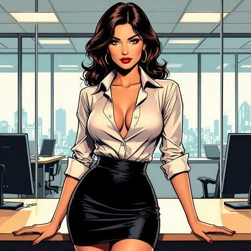 A woman with long brown hair and a plunging neckline is standing at a desk in an office setting. She is wearing a white blouse and black skirt. The background shows several computer monitors and desks, suggesting that she might be working in an office environment.