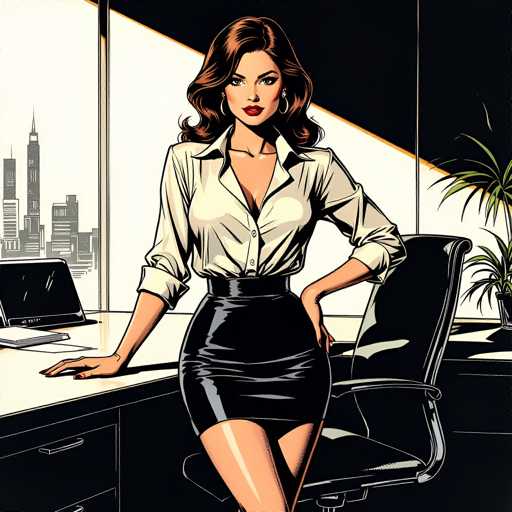 A woman is standing confidently in an office setting. She is dressed in a white blouse and black skirt, with her left hand resting on the desk next to a laptop computer. The background features a window overlooking a city skyline, suggesting that she might be working from home or in a modern office space.