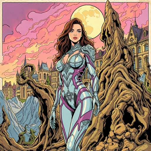 A detailed digital painting of a woman in a futuristic, armored suit standing amidst a fantastical, overgrown landscape. The woman is the focal point, positioned in the center of the frame and facing directly towards the viewer. She has long, flowing auburn hair with a slight wave, and her expression is confident and serene. Her suit is primarily light blue with purple accents, featuring intricate geometric patterns that suggest a blend of technology and organic design. The suit covers her entire body, including long sleeves and tight leggings, with armored shoulder pads and a chest piece. 

The background is equally fantastical, depicting a landscape that seems to be in a state of nature reclaiming an ancient, possibly ruined city. Large, gnarled tree roots dominate the foreground and midground, with a large, ornate building partially visible in the distance. The sky is a vibrant mix of pinks and oranges, with swirling clouds that suggest either a sunrise or sunset. A full moon hangs prominently in the sky, partially obscured by clouds on one side. 

The overall style of the artwork is reminiscent of a comic book illustration, with bold lines and a slightly stylized aesthetic. The lighting is soft and diffused, highlighting the details of the woman's suit and the fantastical environment. The color palette is rich and vibrant, with a focus on cool tones in the woman's suit contrasting with the warm hues of the sky. The composition is balanced, drawing the viewer's eye to the central figure while creating a sense of depth and scale within the scene.