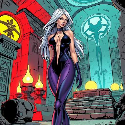 The image depicts a woman with long blonde hair and blue eyes standing in front of a temple-like structure adorned with red and yellow circles on the walls. The woman is wearing a purple outfit that contrasts with her surroundings. The background features a large stone archway leading to an entrance, suggesting the location could be a temple or another significant building.