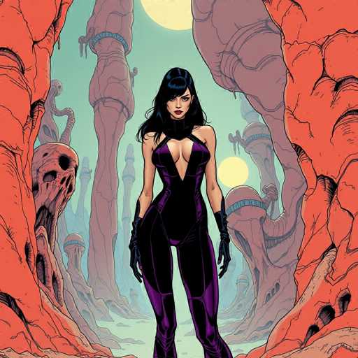 The image depicts a woman wearing a purple jumpsuit with her arms crossed and legs apart, standing in front of a large rock formation that is part of the Mars Monsters series. The background features a blend of red and orange hues, suggesting an alien or futuristic setting.