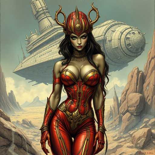 The image depicts a woman with long dark hair and red hair, dressed in a red outfit that includes a corset and a headdress. She is standing on a rocky outcropping against the backdrop of a large spaceship. The background features mountains and clouds, creating an otherworldly atmosphere.