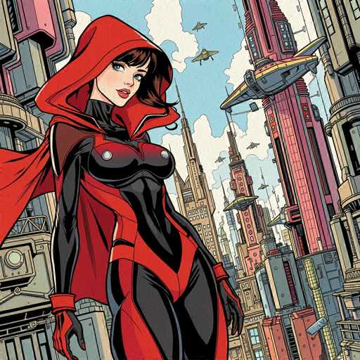 A stylish, detailed illustration of a futuristic superhero woman in a red and black suit with a flowing red cape, standing confidently amidst a vibrant, retro-futuristic cityscape. The woman has short brown hair and blue eyes, with a determined expression and a subtle smile. She's wearing black gloves and boots, and her suit features bold geometric patterns in red. The cityscape is a mix of towering skyscrapers with intricate details, flying vehicles, and a bright, slightly retro color palette. The overall style is reminiscent of vintage comic book art with a modern touch.