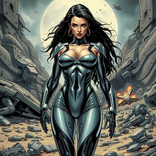 The image depicts a woman wearing a futuristic silver suit with a metallic sheen and a large gold hoop earring. She is standing in the center of an industrial landscape filled with rubble and debris, suggesting a post-apocalyptic setting. The background features a full moon and other buildings, further emphasizing the desolate atmosphere.