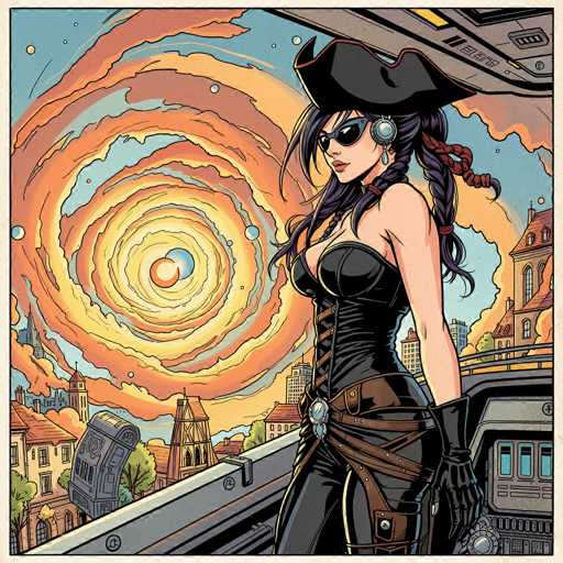 The image depicts a striking female pirate character, exuding confidence and allure. She is adorned in a sleek black corset that accentuates her figure, paired with matching black pants. Her ensemble is completed with black gloves that extend up to her elbows, adding a touch of elegance to her formidable appearance. A brown belt with a prominent silver buckle cinches her waist, while additional brown straps are wrapped around her thighs, enhancing her adventurous look.

Her long, flowing black hair is styled into a braid that drapes over her shoulder, and she wears a classic pirate hat that sits atop her head. Black sunglasses shield her eyes, adding an air of mystery. A notable feature is the silver circular earring with a dangling piece, which catches the light and draws attention to her ear.

The background sets a dramatic scene, with a swirling vortex of orange, yellow, and blue hues dominating the sky. The upper left corner of the image is filled with a deep blue sky, dotted with small yellow circles that resemble planets. Below this celestial display, a cityscape unfolds, featuring a mix of tall buildings and houses with red roofs, creating a vivid contrast against the swirling vortex above.