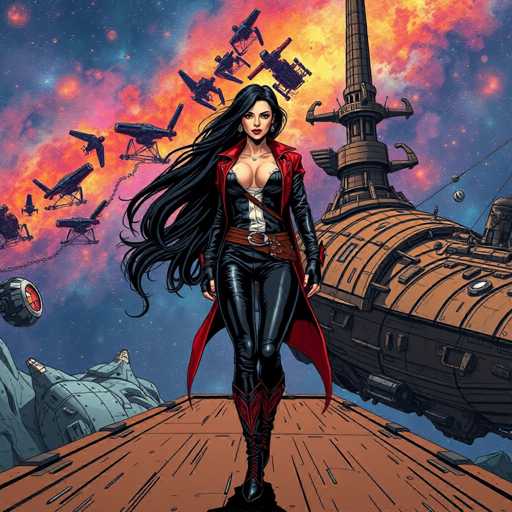 The image depicts a woman with long dark hair and red boots standing on a wooden platform, facing away from the camera. The background features a large ship surrounded by stars and planets, suggesting an outer space setting.