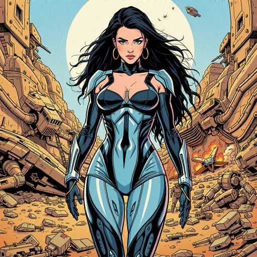 A woman in a futuristic, blue and black spacesuit stands confidently amidst the wreckage of a destroyed city on an alien planet. She has long, flowing black hair and is wearing large gold hoop earrings. The background features a pale blue sky with a full moon, and the city is in ruins with twisted metal structures scattered around. A crashed spaceship lies in the distance, and a small alien spacecraft is flying overhead. The overall style is retro-futuristic with a comic book aesthetic, using bold lines and vibrant colors.