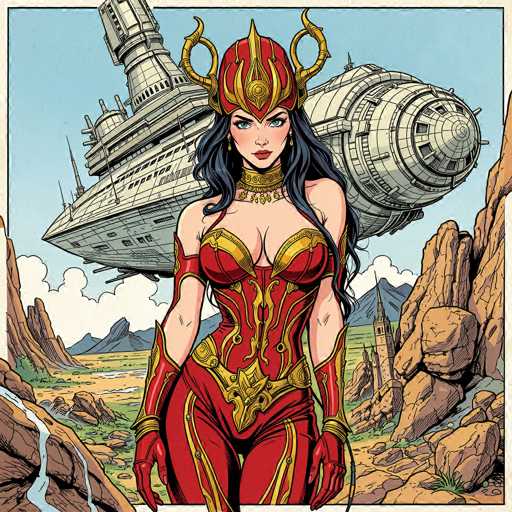 A detailed illustration of a woman in a red and gold futuristic armor, standing in a fantastical landscape with a large spaceship hovering above. The woman has long dark hair, green eyes, and is wearing ornate golden headgear with horn-like details. She's positioned in the foreground, looking directly at the viewer with a confident expression. The background features a desert-like landscape with rocky formations, a flowing waterfall, and distant mountains under a bright blue sky. The spaceship is large and detailed, with intricate mechanical elements visible on its surface. The overall style of the artwork is reminiscent of a comic book illustration, with bold lines and vibrant colors.