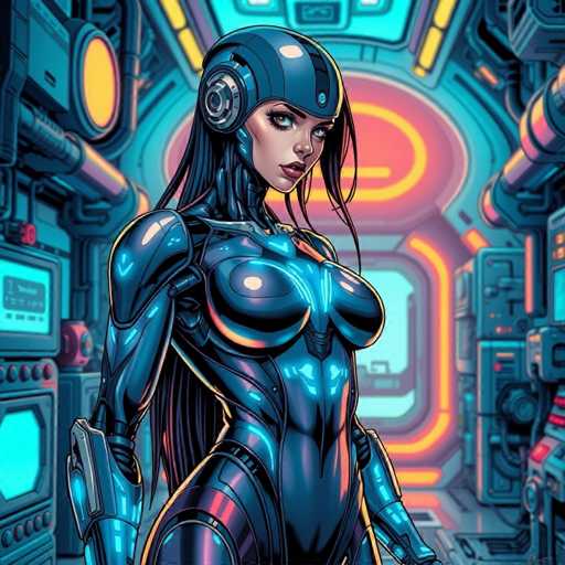 The image depicts a woman wearing a blue bodysuit with a helmet on her head and holding a gun in her right hand. The background features a futuristic setting with neon lights and various machines.