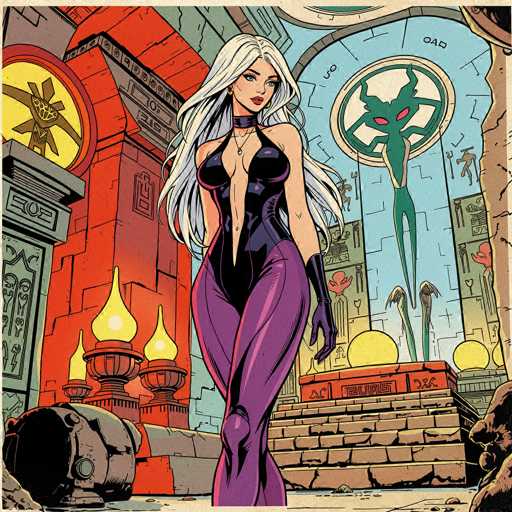 A stylish, detailed illustration of a woman in a futuristic Egyptian-inspired outfit standing amidst ancient ruins. The image is rendered in a retro, comic book style with bold outlines and vibrant colors. She has long, flowing white hair and piercing blue eyes, wearing a black bodysuit with purple accents and a matching purple skirt. She's adorned with a gold necklace and wears black gloves. The background features towering, ornate structures reminiscent of ancient Egyptian temples, with intricate hieroglyphs and geometric patterns. The overall composition is dynamic and visually striking, showcasing a blend of ancient and futuristic elements.
