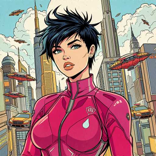 This vibrant, square-shaped illustration features a striking female superhero set against a backdrop of towering skyscrapers and futuristic flying vehicles. The sky is a blend of blue and white, dotted with fluffy clouds and several red and white flying cars. The superhero, positioned centrally, has short black hair and piercing blue eyes. She wears a form-fitting, pinkish-red bodysuit with a zipper running up to her neck, adorned with a white teardrop emblem on her chest and a triangular "US" logo on her shoulder. Her lips are painted a bold red, and she gazes directly at the viewer. The overall scene is rich in detail, with a mix of colors including blue, white, gray, yellow, red, pink, and orange, creating a dynamic and engaging visual experience.