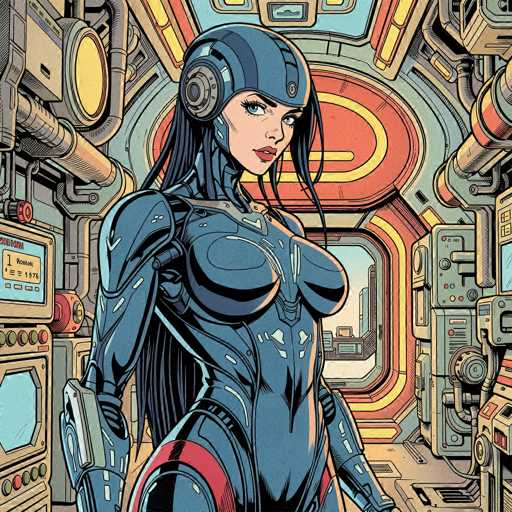 A detailed, retro-futuristic illustration of a woman in a sleek, dark blue power suit. The suit is highly detailed with intricate paneling and glowing accents, suggesting advanced technology. She has long, flowing black hair that cascades down her shoulders and a determined expression with piercing blue eyes. She's wearing a futuristic helmet that covers most of her head, with visible details like glowing vents and possibly a visor. The background is a vibrant, retro-futuristic industrial setting with various pipes, control panels, and glowing geometric patterns in shades of orange, yellow, and teal. The overall style is reminiscent of 1980s science fiction art, with a focus on bold lines and dynamic composition. The lighting is dramatic, highlighting the contours of the suit and creating a sense of depth.
