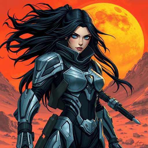 The image depicts a woman with long dark hair wearing a futuristic silver suit and holding a sword. The background features an orange sky with a large moon visible behind the woman.