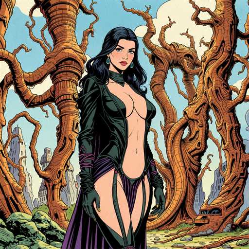 The image depicts a striking female character from a graphic novel, set against a fantastical backdrop. She stands confidently in the foreground, her long black hair cascading down to her shoulders. Her attire is a unique blend of elegance and provocative design: a black leather jacket that is open, revealing a purple dress underneath. The dress features a daring cut-out that exposes her breasts, belly button, and pubic area, with straps extending from her hips to her thighs. Her hands are adorned with black gloves, and she wears a black choker around her neck.

The background is a surreal landscape of twisted, gnarled trees that appear to be made of stone, with branches that twist and turn in various directions. The sky above is a clear blue, dotted with white clouds. In the distance, there are gray buildings with towers, adding to the otherworldly atmosphere. The ground beneath her is a mix of green grass and patches of brown dirt, with gray rocks scattered around. The overall scene is both enchanting and eerie, perfectly complementing the character's bold and mysterious presence.