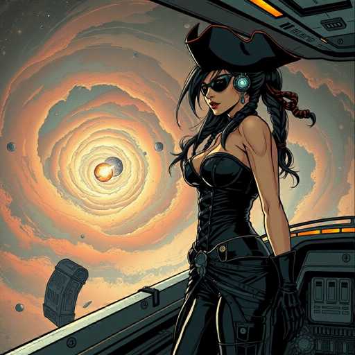 The image depicts a woman wearing a black dress and sunglasses standing on the edge of a spaceship. The background features a large explosion with a spiral pattern, suggesting an outer space setting.
