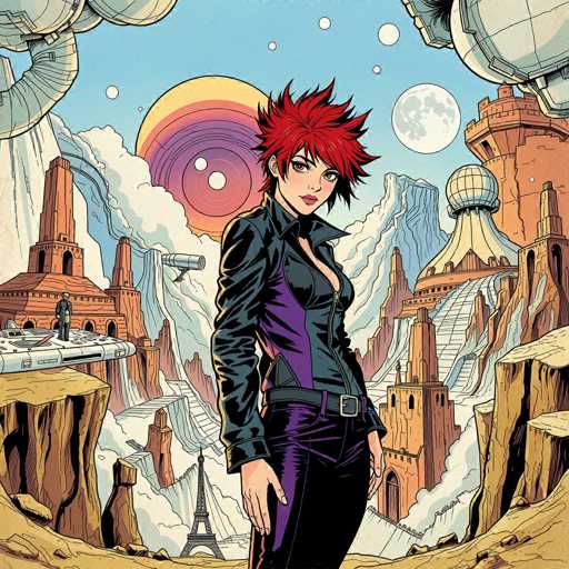 A stylish, anime-inspired woman with vibrant red spiky hair stands confidently in a futuristic, otherworldly cityscape. She's wearing a black leather jacket with purple accents and dark purple pants, cinched with a silver belt. Her expression is cool and direct, looking slightly over her shoulder. The background features towering, geometrically designed buildings in warm earth tones, interspersed with swirling clouds and a vibrant, retro-futuristic sky. A large, stylized moon hangs in the sky, partially obscured by a rainbow-like celestial body. The overall style is reminiscent of vintage comic book art, with bold lines and a slightly textured finish.