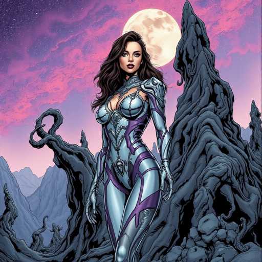 The image depicts a woman with long brown hair and dark makeup standing on a rocky cliff face against the backdrop of a full moon and a purple sky. The woman is wearing a silver bodysuit that features a large breastplate and a corset-like top.