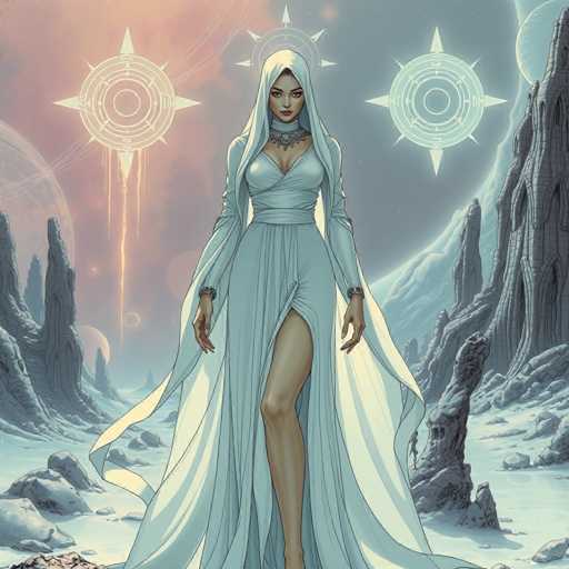 The image depicts a woman wearing a long white dress with a high neckline and a corset, standing on a rocky outcropping surrounded by mountains under a starry sky. The woman is positioned in the center of the frame, facing towards the right side of the image.