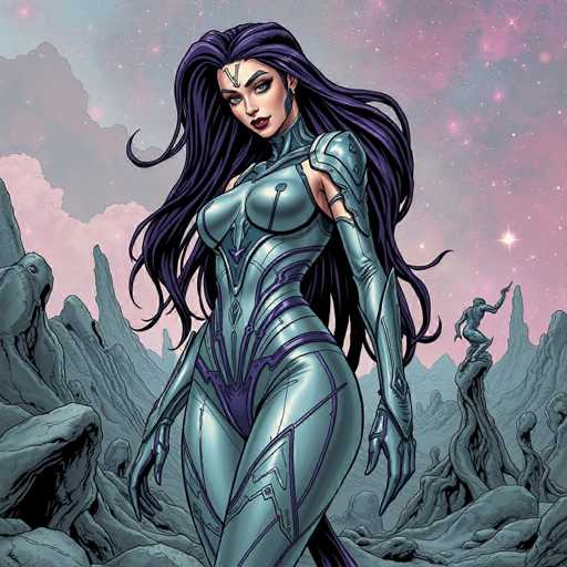 The image depicts a woman with long purple hair and blue eyes standing in front of a rocky landscape under a starry sky. She is wearing a futuristic silver suit that has a metallic sheen to it. The background features mountains and clouds, creating a sense of depth and vastness.