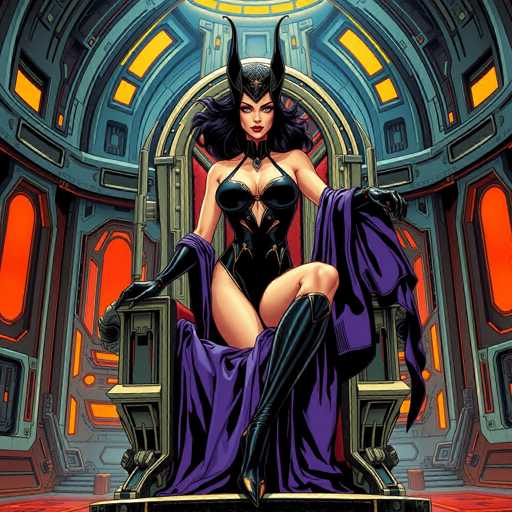 The image depicts a woman seated on a throne-like chair with purple and gold accents. She is wearing a black outfit that includes a cape and boots, giving her an air of regal authority. The background features orange walls adorned with windows, creating a sense of grandeur and opulence.