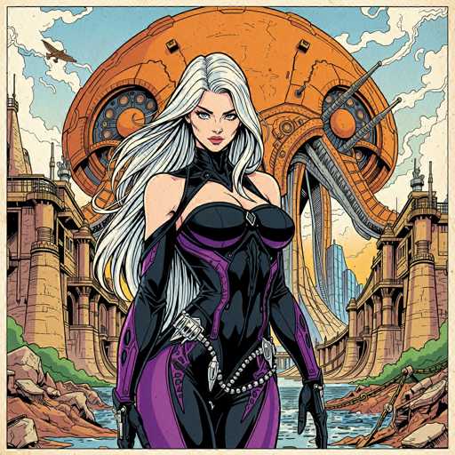 The image depicts a striking female character from a video game, set against a backdrop of a futuristic cityscape. She stands confidently in the foreground, adorned in a sleek black bodysuit with purple accents. Her long, flowing white hair cascades down her back, contrasting beautifully with her pale complexion. The character's piercing blue eyes and red lips add to her captivating appearance.

Her attire includes a black choker around her neck, and she wears black gloves that extend up to her biceps. A silver belt with a prominent diamond buckle cinches her waist, and a gun is holstered on her right hip, hinting at her readiness for action. The background features a blend of towering skyscrapers and ancient-looking stone buildings, creating an intriguing juxtaposition of old and new architecture. A river meanders through the city, adding a dynamic element to the scene.

Above, the sky is a brilliant blue, dotted with fluffy white clouds. An old-fashioned airplane soars through the sky, adding a nostalgic touch to the otherwise futuristic setting. Dominating the skyline is a large, orange, circular structure with tentacle-like extensions reaching down towards the city, giving the impression of a mechanical octopus. This structure has two circular openings on either side, resembling eyes, and a smaller circular opening at the bottom, possibly serving as a mouth. The overall scene is a mesmerizing blend of sci-fi and fantasy elements, with the female character as the focal point.