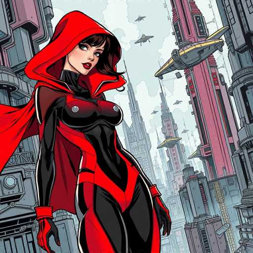 The image depicts a woman wearing a red hooded cape and black bodysuit with gloves on her hands. She is standing in front of a city skyline filled with tall buildings and flying spaceships. The sky above the city appears to be cloudy.