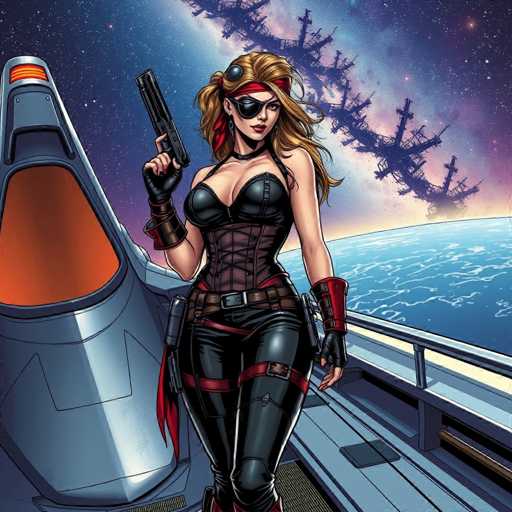 The image depicts a woman dressed in black leather attire with red accents and a red bandana on her head, holding a gun and standing on a platform overlooking the ocean. The background features a blue sky filled with stars and planets, creating an otherworldly atmosphere.