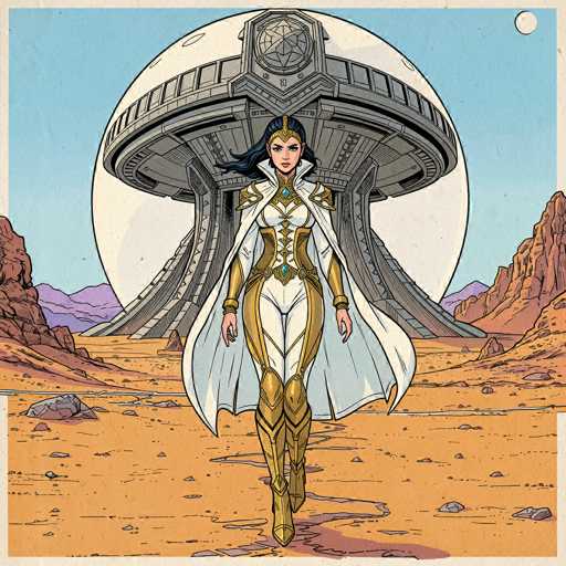 A detailed illustration of a futuristic, armored figure walking towards a large, circular, metallic structure on an alien planet. The figure is wearing a white and gold armored suit with intricate detailing, including a golden crown and ornate shoulder armor. They have dark hair and are looking directly at the viewer with a determined expression. The background features a desolate, orange desert landscape with rocky mountains and a large, pale blue moon in the sky. The overall style is reminiscent of a comic book or graphic novel illustration, with a slightly retro aesthetic.