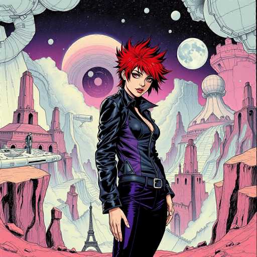 The image depicts a woman with red hair and a black leather jacket standing on a cliff overlooking a cityscape of pink buildings under a full moon. The sky is filled with stars, creating a sense of depth and vastness to the scene.