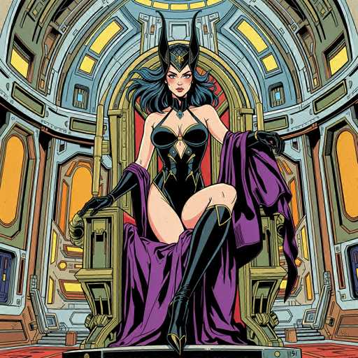 The image depicts a striking female character seated on a grand, golden throne. She is adorned in a sleek, black bodysuit that accentuates her figure, paired with long, elegant black gloves that extend up to her elbows. Her attire is complemented by thigh-high black boots, adding to her commanding presence. Draped over her right shoulder is a regal purple cape, which cascades down to the floor, adding a touch of majesty to her ensemble. Her head is crowned with a distinctive black helmet, featuring tall, pointed ears that give her an imposing and otherworldly appearance. The character's long, flowing black hair adds to her dramatic and powerful aura. She is positioned in a room with a red floor, which contrasts vividly with the golden throne and her dark attire, creating a visually captivating scene.