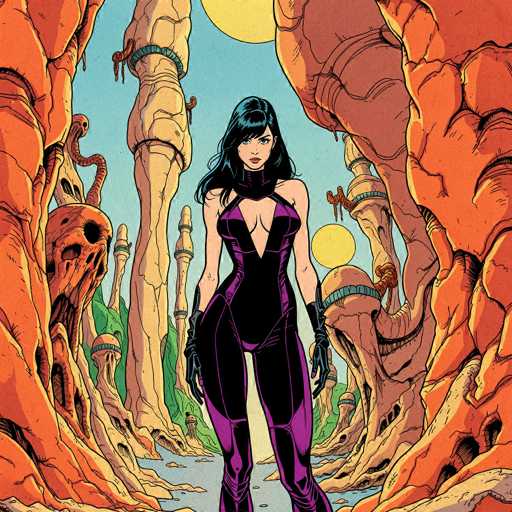 The image depicts a striking female character from a comic book, standing confidently in the center of a surreal, otherworldly landscape. She is adorned in a form-fitting black and purple bodysuit that accentuates her athletic build, with long black gloves extending up to her elbows. Her sleek, straight black hair cascades down to her chest, framing her face with a serious expression. Her blue eyes and defined facial features add to her captivating presence.

The background is a fantastical scene featuring a mix of natural and alien elements. To her left and right, towering orange rock formations rise dramatically, resembling a canyon or mountain range. These formations are interspersed with eerie, skeletal remains, including skulls and rib cages, adding a sense of danger and mystery to the environment. The ground beneath her is a blend of blue and gray hues, creating a stark contrast with the vibrant orange rocks.

Above, the sky is a clear blue, dotted with a few yellow circles that resemble celestial bodies, enhancing the otherworldly atmosphere. The overall composition of the image is rich in detail and color, creating a visually stunning and immersive scene that highlights the character's strength and the alien world she inhabits.