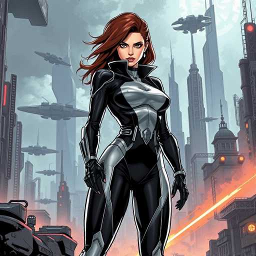 The image depicts a woman with red hair and a black and white outfit standing in front of a futuristic cityscape filled with flying spaceships. The city is illuminated by orange lights against the gray sky, creating an otherworldly atmosphere.