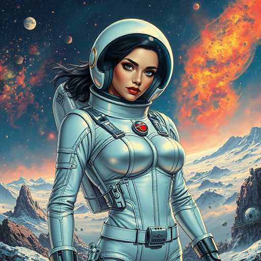 The image depicts a woman wearing a white spacesuit with a red emblem on the chest and helmet that is black and silver. She has long dark hair and is standing against a backdrop of mountains and stars. The colors in the image are predominantly blue, gray, and orange, creating a striking contrast.